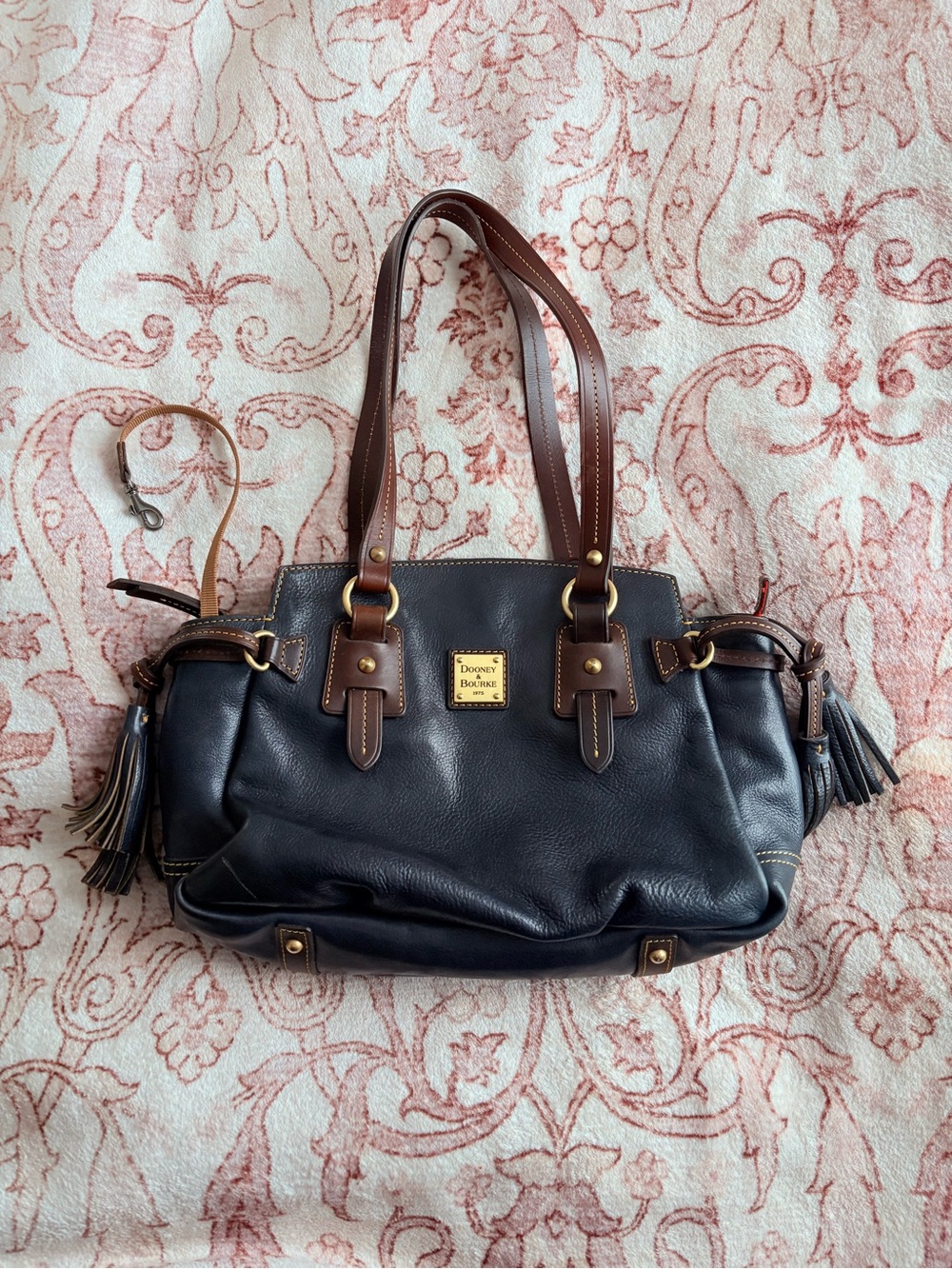 Dooney & Bourke Black Leather Shoulder Bag with Brown Trim